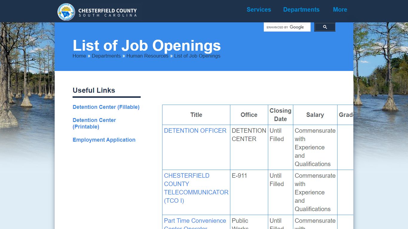 List of Job Openings - Chesterfield County, South Carolina